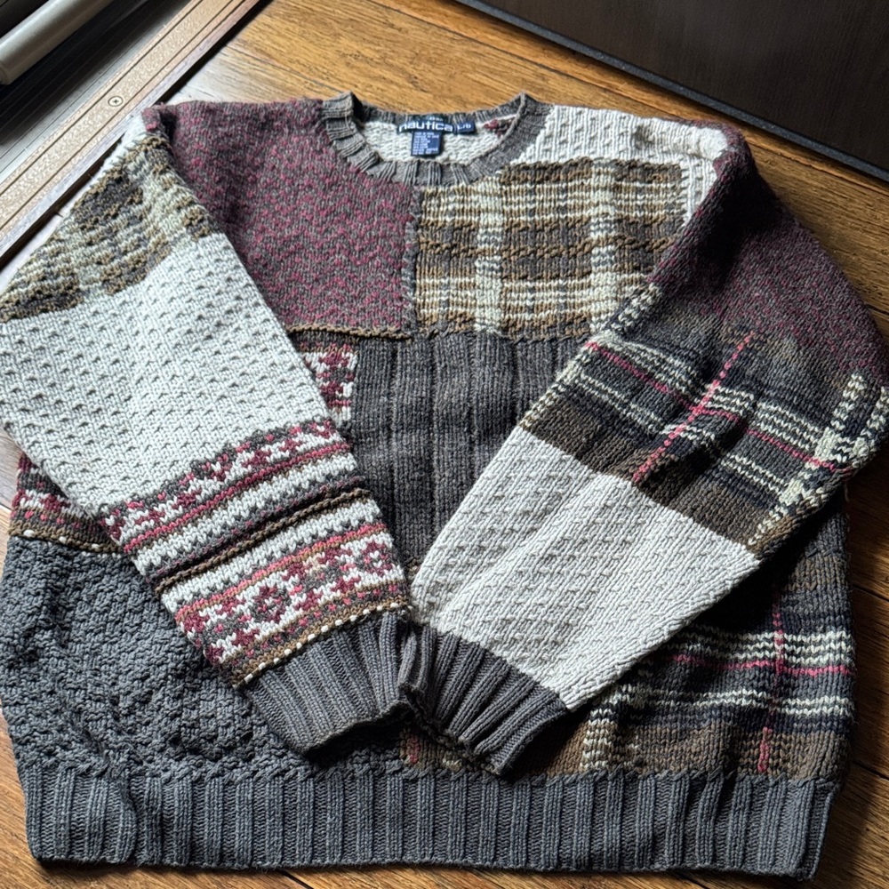 Nautica Patchwork Crewneck Sweater- Handknit